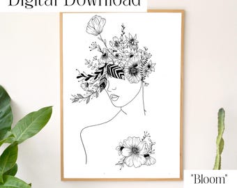 Line Art Figure with Flowers | Botanical Woman Digital Download Print | Minimalist Floral Illustration