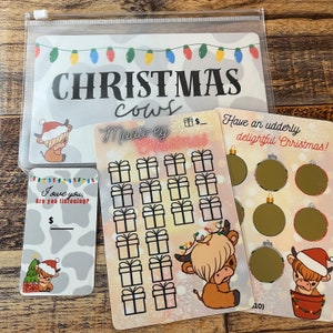 Kit de tableau de bord A5 Christmas Cows Highland Cows - Jeu de cartes à gratter Mystery Savings Challenges