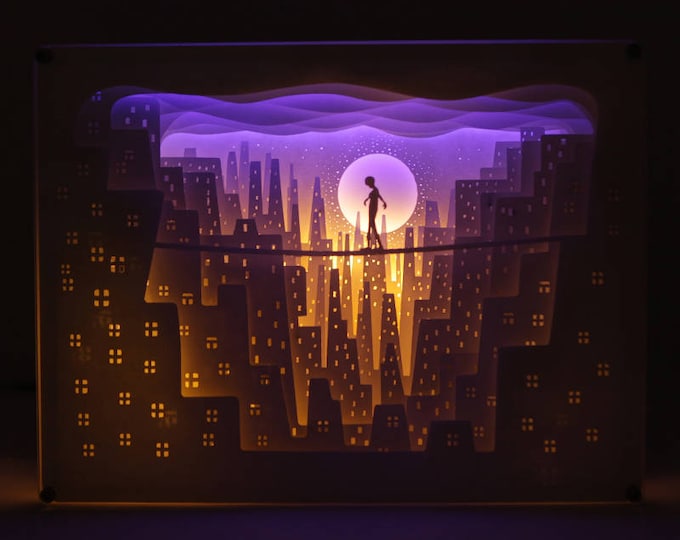 Paper Cut Light Box, Children's Night Light, Paper Cut Scene, Illuminated Scene, Tightrope, City