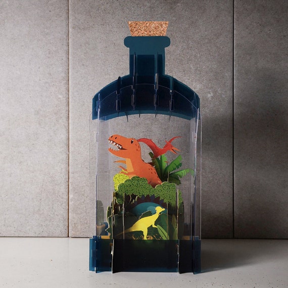 3d bottle cards,t-rex,prehistoric,trees,triceratops,history,colourful,pop out card,3d gift card,handmade card,3d,gift card,dinosaur