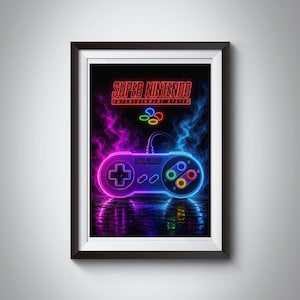 May include: A framed poster featuring a neon-style Super Nintendo Entertainment System controller graphic. The design includes the text SUPER NINTENDO ENTERTAINMENT SYSTEM in red, a colourful logo, and a glowing controller with purple and blue smoke effects.