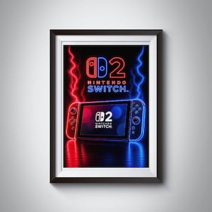 May include: A framed wall art print featuring a Nintendo Switch 2 console graphic. The design displays a neon-style red and blue color scheme with lightning effects and the text Nintendo Switch 2 prominently displayed above and on the screen.