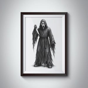 May include: A framed black and white charcoal-style drawing of a hooded figure wearing a ghost-like mask with an elongated mouth and eye openings. The figure is draped in a tattered, floor-length robe and holds a sharp knife in one hand.