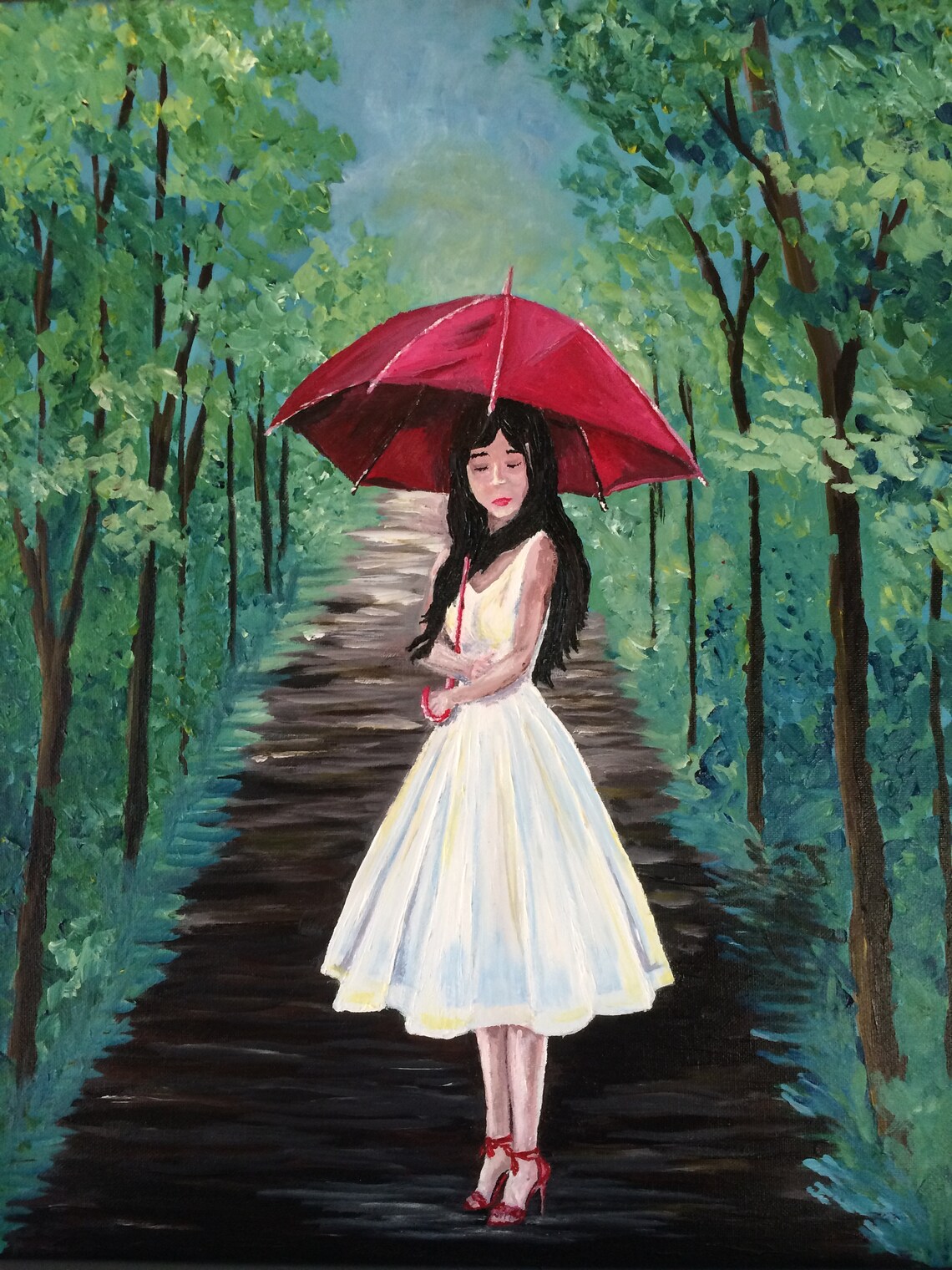 Girl Original Acrylic Painting umbrella street trees Etsy