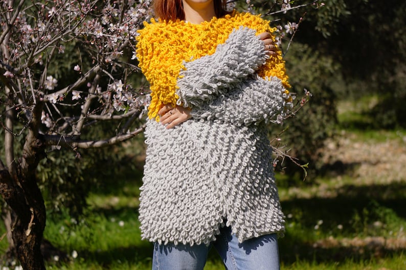 Casual Sweater Autumn Handmade Oversized Yellow /& Gray Slouchy Style Loop Knit Cardigan Spring Mustard Knitting