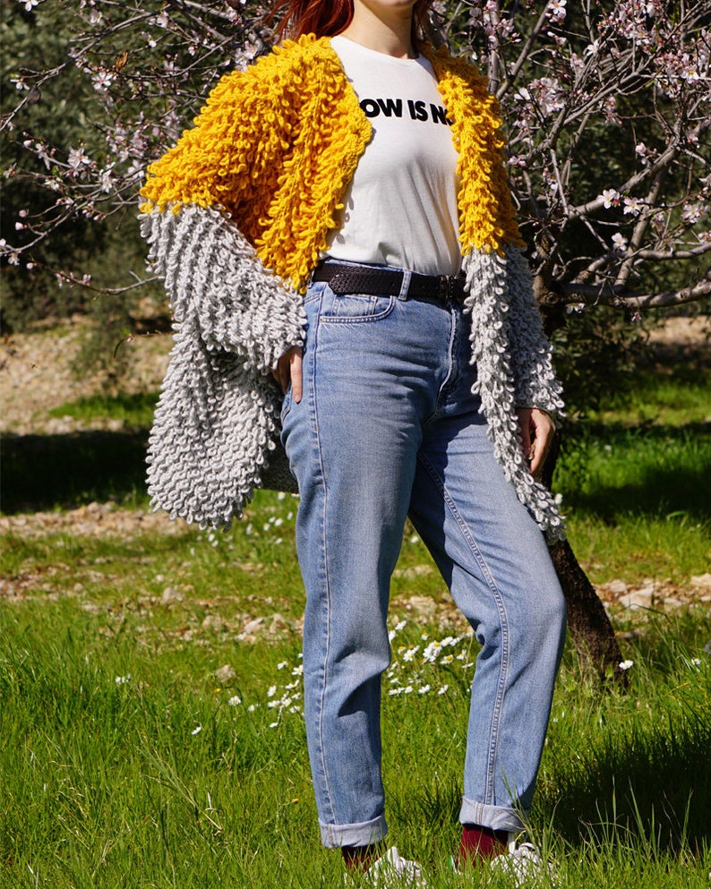 Casual Sweater Autumn Handmade Oversized Yellow /& Gray Slouchy Style Loop Knit Cardigan Spring Mustard Knitting