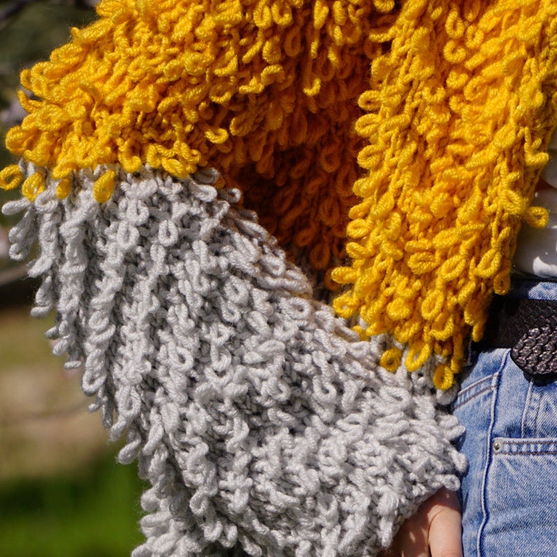 Casual Sweater Autumn Handmade Oversized Yellow /& Gray Slouchy Style Loop Knit Cardigan Spring Mustard Knitting