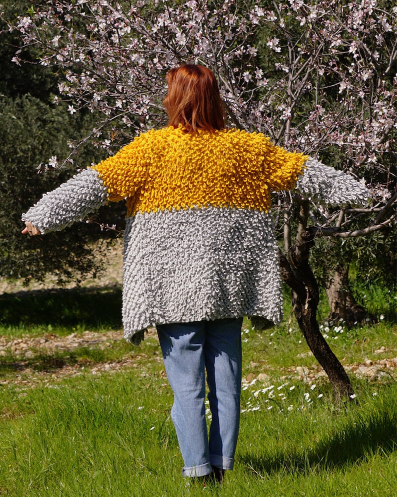 Casual Sweater Autumn Handmade Oversized Yellow /& Gray Slouchy Style Loop Knit Cardigan Spring Mustard Knitting