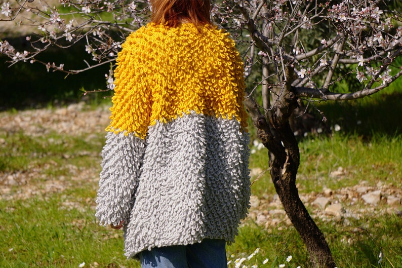 Casual Sweater Autumn Handmade Oversized Yellow /& Gray Slouchy Style Loop Knit Cardigan Spring Mustard Knitting