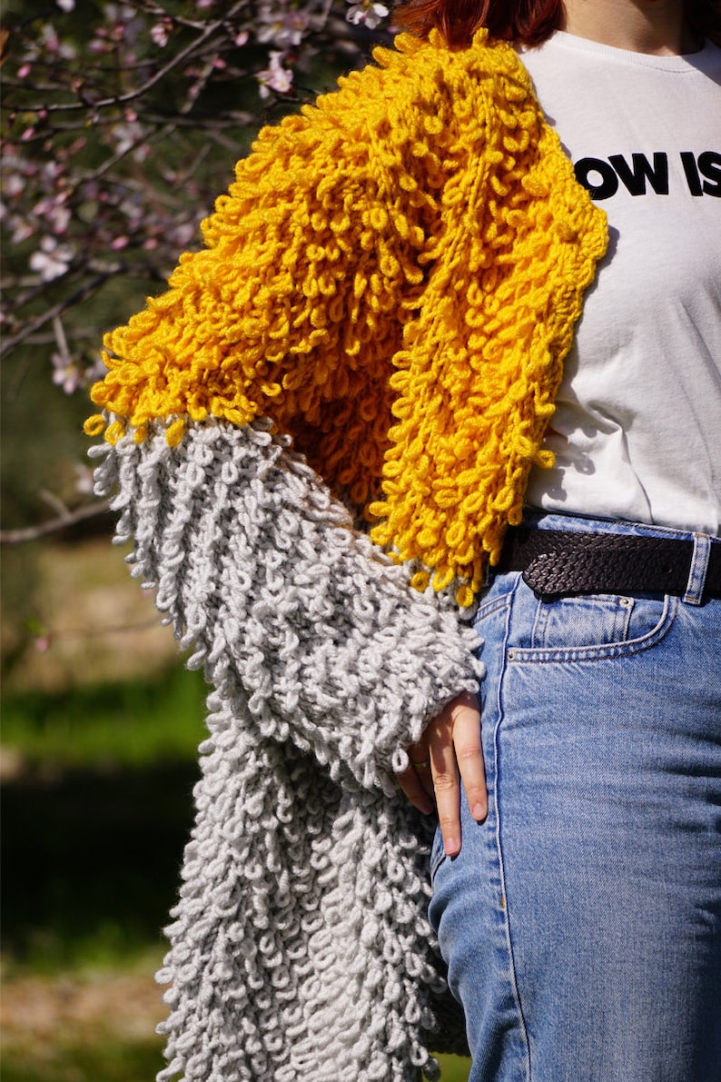 Casual Sweater Autumn Handmade Oversized Yellow /& Gray Slouchy Style Loop Knit Cardigan Spring Mustard Knitting