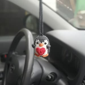 Crochet Penguin Car Charm: Kawaii Rear View Mirror Decor
