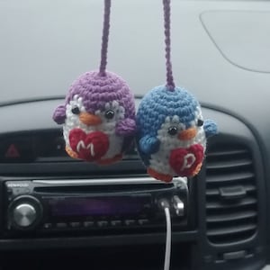 Crochet penguin car rear view mirror charm