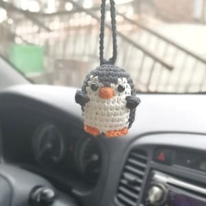 Crochet Penguin Car Charm: Kawaii Rear View Mirror Ornament