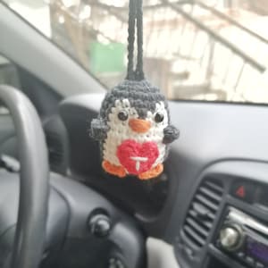 Mini Crochet Penguin Car Charm, Handmade Amigurumi Rearview Decor