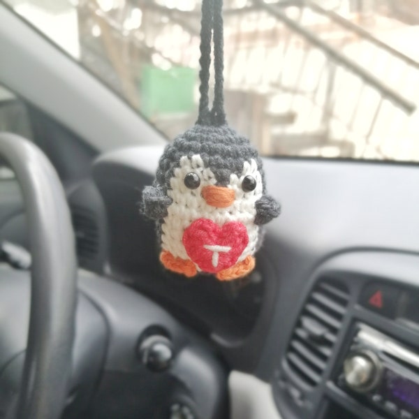 Crochet penguin car rear view mirror charm