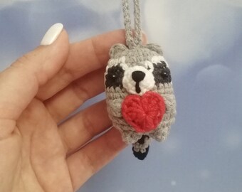 Crochet Raccoon Car Charm: Handmade Cotton Amigurumi
