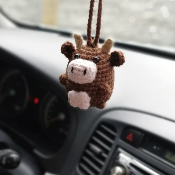 Crochet cow rear view mirror charm