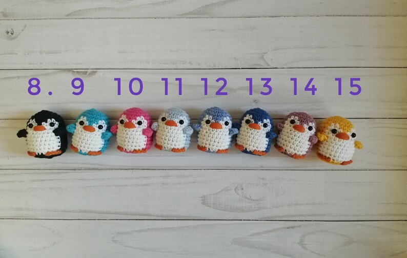 May include: Ten crocheted penguin ornaments in various colors, numbered 8 through 15.