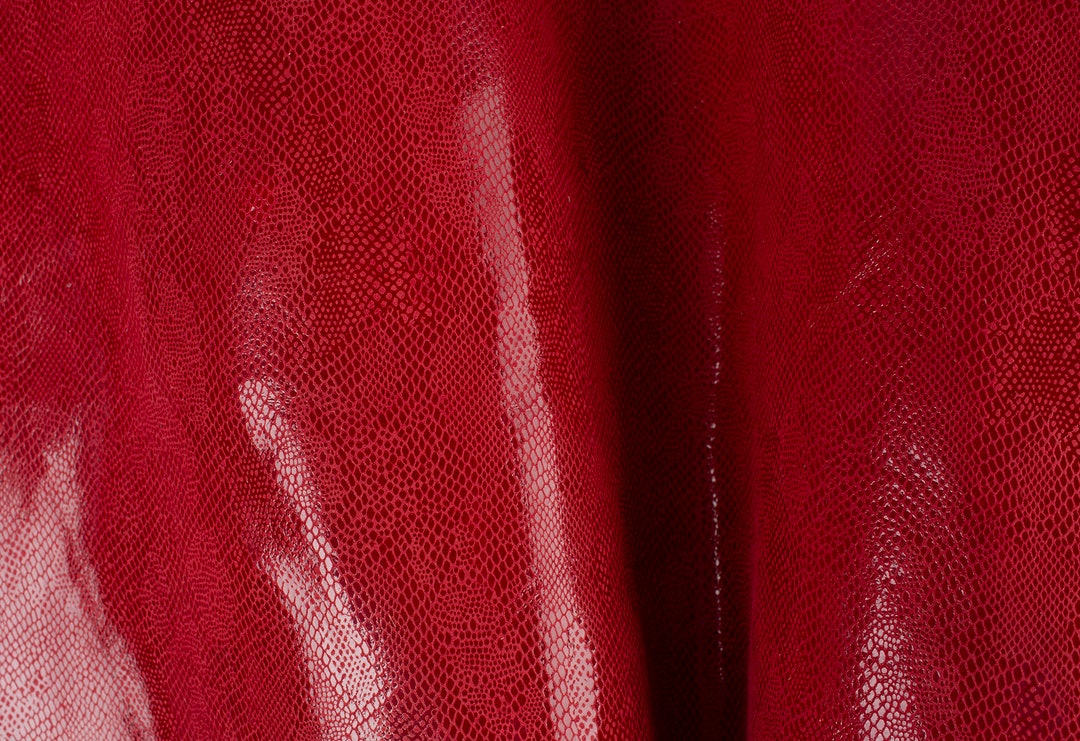 Red Glossy Python Print Embossed Italian Leather Pieces, Calf Cow Hide ...