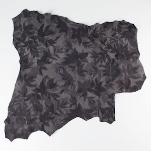 Dark Grey Print Leaves ITALIAN Goat Hide Skin, Skins Hides Velours  4+ sqf