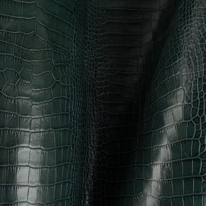 May include: Close-up of dark green alligator-textured leather. The leather has a glossy finish and a detailed pattern of scales and ridges. The image shows the texture and color variations of the material, with shadows adding depth to the design.