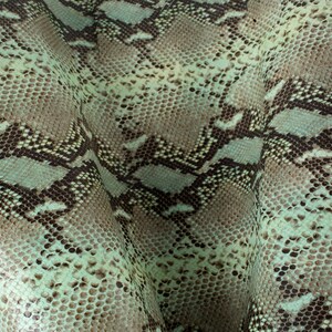 May include: Close-up of a green and brown snakeskin pattern. The texture is visible and the scales are small and tightly packed.