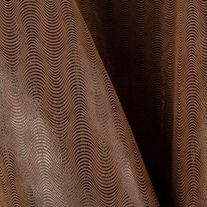 May include: Close-up of a brown fabric with a wavy pattern. The fabric is draped, creating shadows and highlights. The pattern consists of thin, black, curved lines on a lighter brown background.