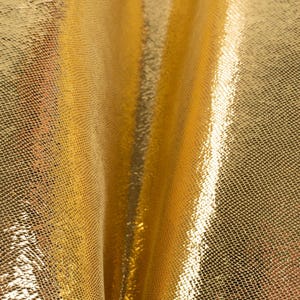 May include: Close-up of a shiny, golden fabric with a textured, scale-like pattern. The material has a reflective surface, creating highlights and shadows. The fabric appears to be draped, with folds and curves adding depth.