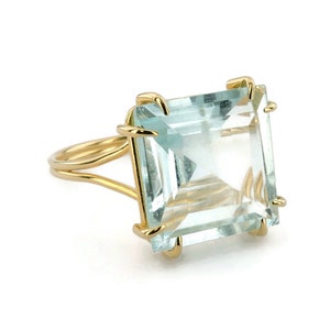 Natural Aquamarine 18k Solid Gold Ring, Large Princess Cut Aquamarine Jewelry, Engagement Solitaire Ring, 19th Anniversary Gift For Wife