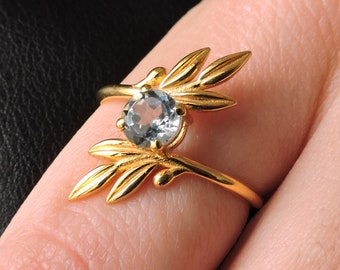 Olive Leaves Natural Blue Topaz 14k Solid Yellow Gold Ring, Dainty Olive Branch Leaf Wedding Engagement Gift, Athena Goddess Promise Ring