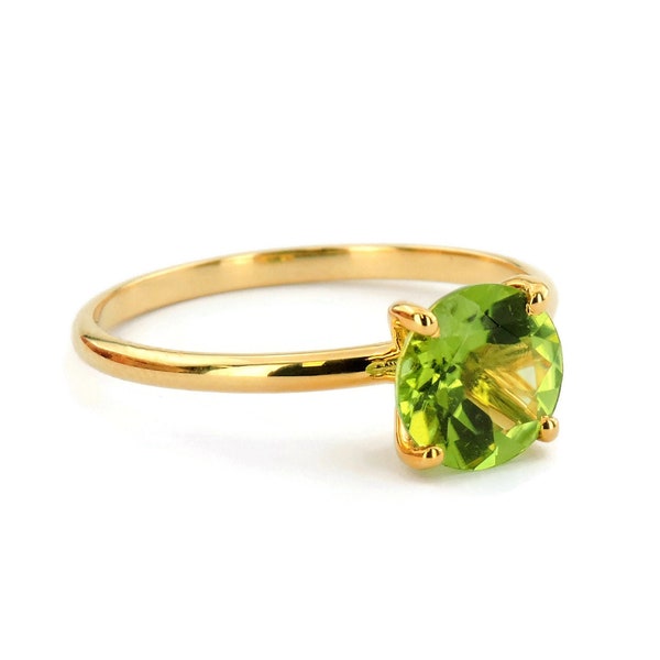 Natural Peridot 14k Solid Gold Ring, 7mm Round Cut Peridot 16th Anniversary Promise Ring, Dainty Solitaire Engagement Ring Gift For Woman