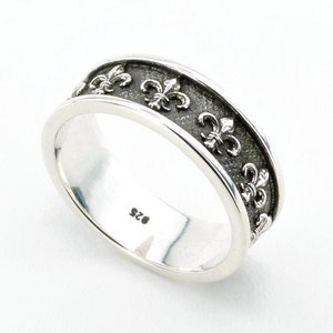 Fleur De Lis Ring 925 Sterling Oxidized Silver Ring, Handmade Greek Jewelry, 14k Filled Gold Fleur de lis Band, Free Shipping, Bizoux Grec