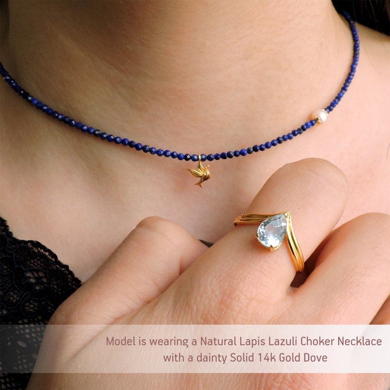 Natural Blue Topaz Pearl 14k Yellow Gold Choker Necklace Dainty Tiny Beaded Blue Summer Choker Jewelry 4th Anniversary Blue Topaz Necklace