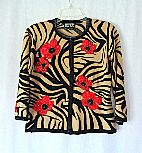 BEREK Red Poppies Cardigan Sweater M