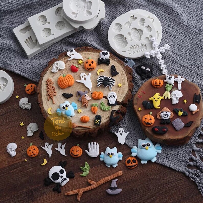 Skull 3D Sugarcraft Silicone Mold,Gum-Paste Mold Mould Halloween Spider Skeleton Hand Pumpkin Bats Skull Pumpkin Owl Silicone Fondant Mold