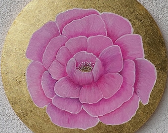 modern original flower painting, acrylic on round canvas, hand painted