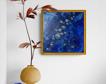 Klein abstract origineel schilderij in blauw, acryl op canvas
