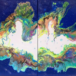 Abstract blue original painting on canvas, diptych, modern acrylic painting