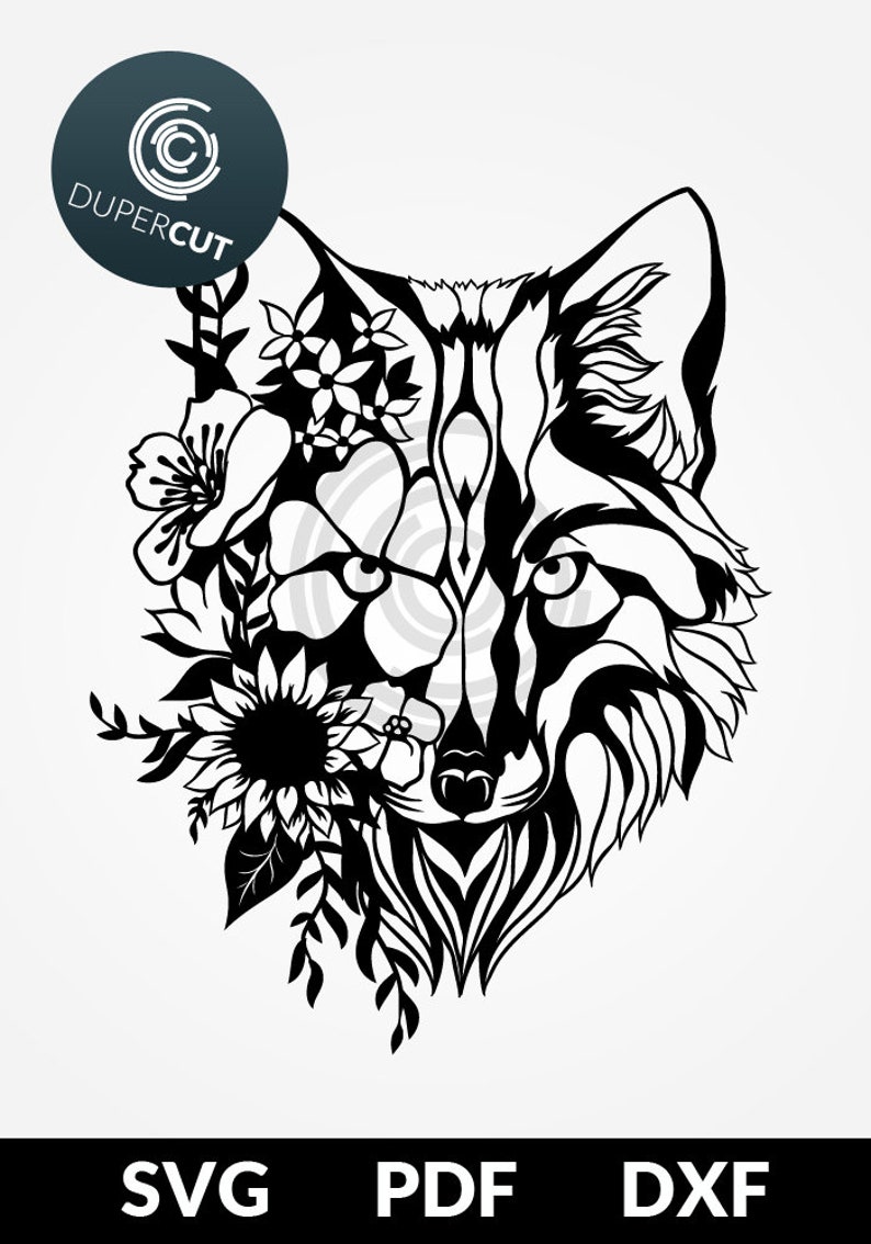 Download SVG / PDF / DXF cut file Half Wolf with flowers Paper | Etsy