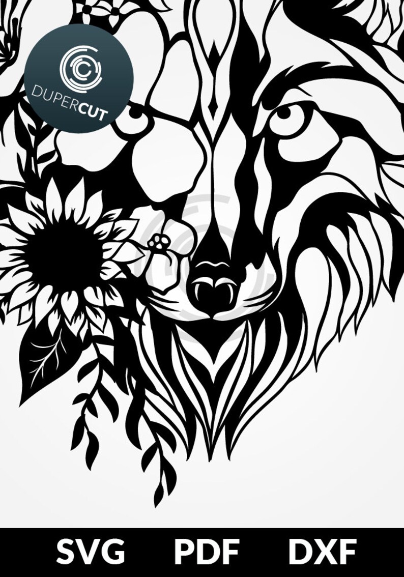 svg pdf dxf cut file half wolf with flowers paper etsy