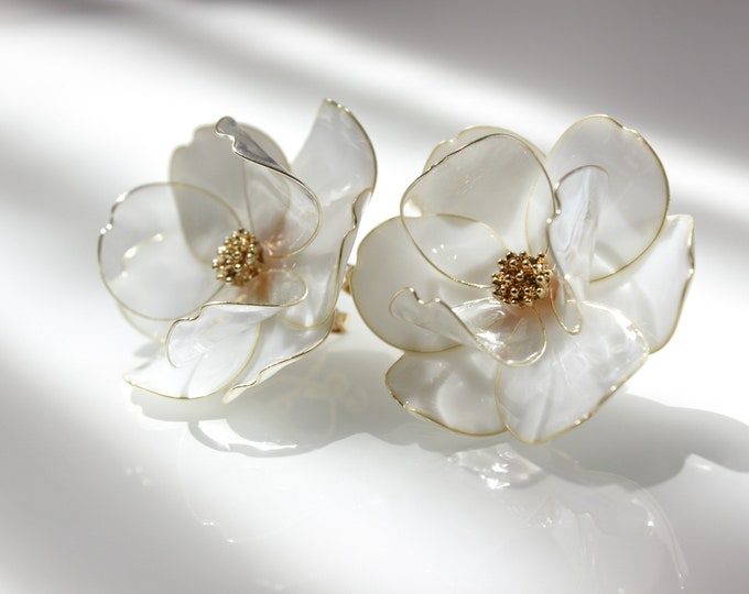Transparent White Flower Wedding Earrings Omega Back Fasten - Etsy