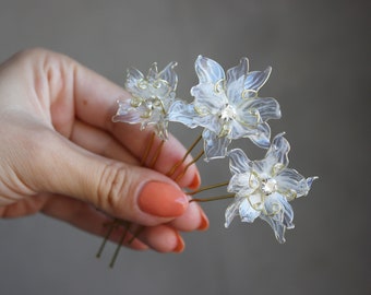 Edelweiss Flower Hair Fork Gold plated Pin Wedding Headpiece with Cubic Zirconia