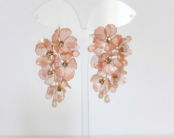 Peach Flower Buds Petal Bridal Drop Dangle Earrings