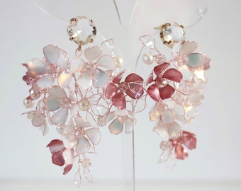 Statement Flower Bunch Dangle Earrings/Resin handcrafted earrings with white and pink enamel flowers and transparent leaves