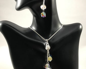 Sterling Silver Rose And Swarovski Crystal Necklace and Earring Set-Birthday-Anniversary-Mothers Day-Gift-silver necklace-little black dress