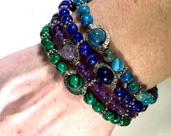 Gemstone Stretch Bracelet-Blue Crazy Lace Agate-Lapis Lazuli-Malachite