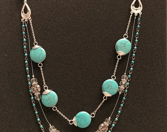 ThreeStrand Necklace w/Turquoise and Wire-Wrapped Beads-Birthday-Anniversary-Gift-Jewelry Set-chandelier earrings-rosary chain