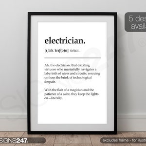 May include: Black and white printable wall art with a definition of the word "electrician". The definition reads: "Ah, the electrician: that dazzling virtuoso who masterfully navigates a labyrinth of wires and circuits, rescuing us from the brink of technological despair. With the flair of a magician and the patience of a saint, they keep the lights on - literally."