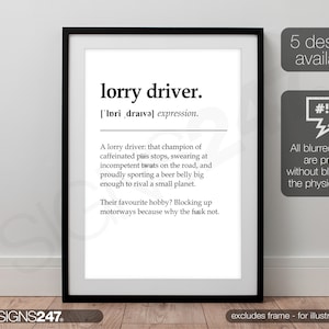 Peut inclure: Une affiche imprimable en noir et blanc avec la définition de "chauffeur de camion". La définition est une description humoristique d'un chauffeur de camion. Le texte comprend l'expression "pourquoi pas, bordel."