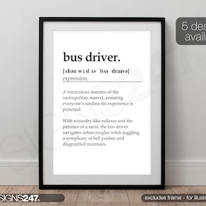 Peut inclure: Un cadre noir et blanc avec la définition de "chauffeur de bus". La définition comprend la prononciation phonétique, le mot "expression" et une description humoristique des compétences d'un chauffeur de bus. Le texte est dans un cadre noir.